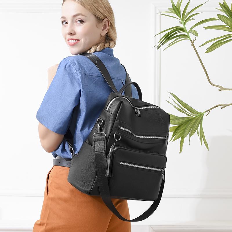 Contrast Color Women Soft Leather Tassel Backpack Simple Outdoor Travel Backpack