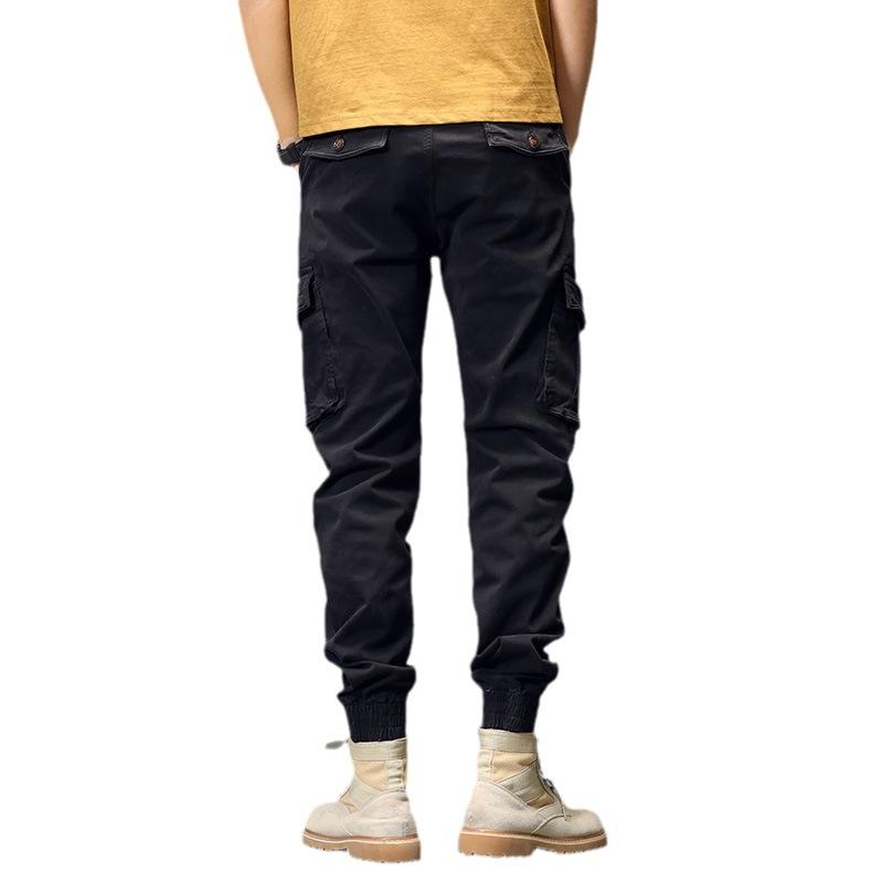 Men's new outdoor American fashion retro tied feet multi-pocket overalls versatile elastic