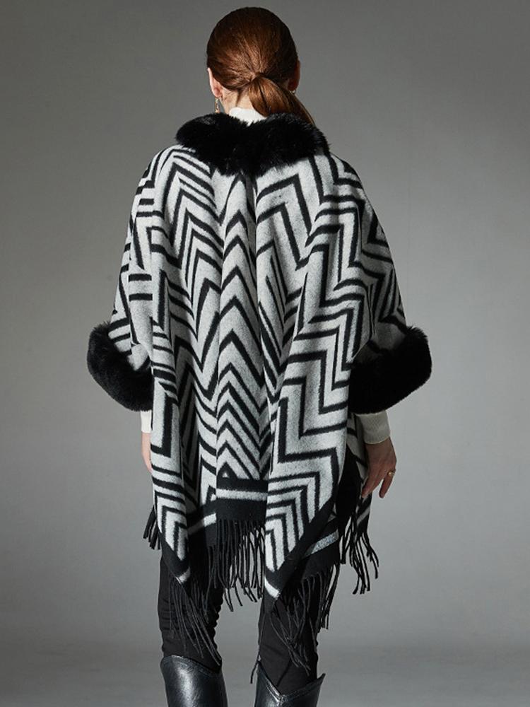Winter Scarf Women Lady Layers Poncho Elegant Luxury Faux Fur Collar Striped Tassel Shawls Scarve Capa Para Mujer Fashion Coat