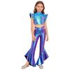 Girls Dance Crop Top with Flared Pants Mock Neck Sleeveless Mesh Rhinestone Ruffle Metallic Outfit Set