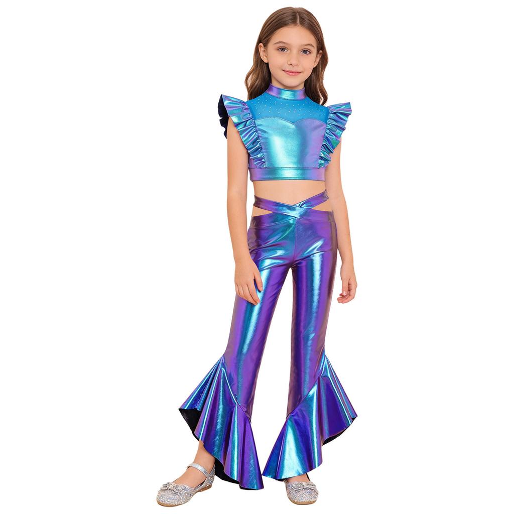 Girls Dance Crop Top with Flared Pants Mock Neck Sleeveless Mesh Rhinestone Ruffle Metallic Outfit Set