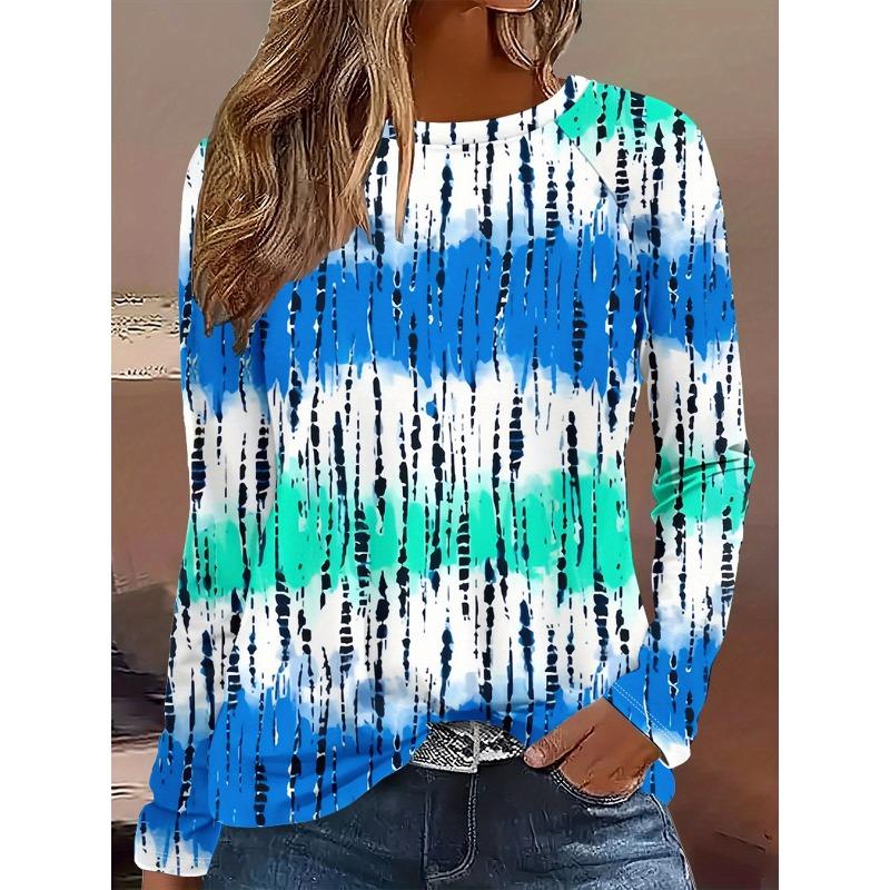 

Топ с круглым вырезом, 3D-принтом в полоску, повседневные женские футболки с длинным рукавом - Мягкая полиэстеровая ткань средней эластичности, одежда для весны и осени, свободного кроя 5XL
