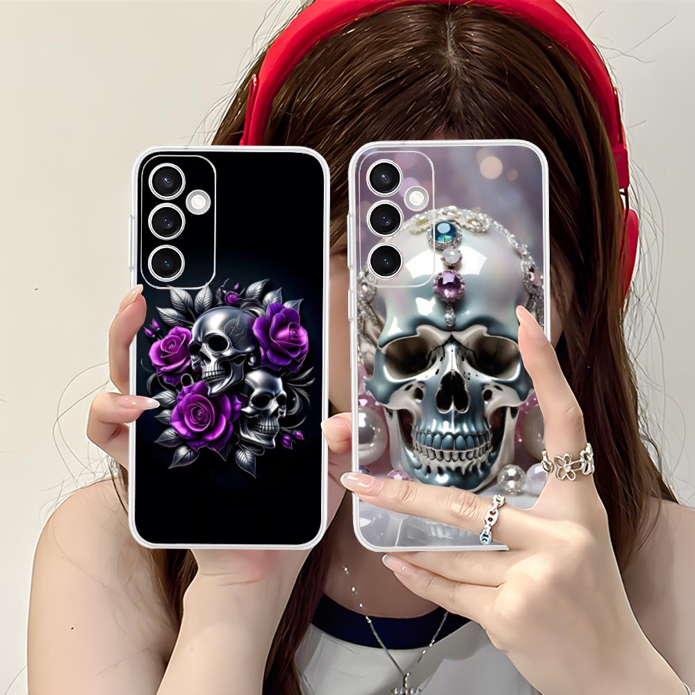 Silver Skull Clear Mobile Phone Case for Samsung Galaxy S25 S24 S23 S22 S21Plus FE Ultra Colorful Cover