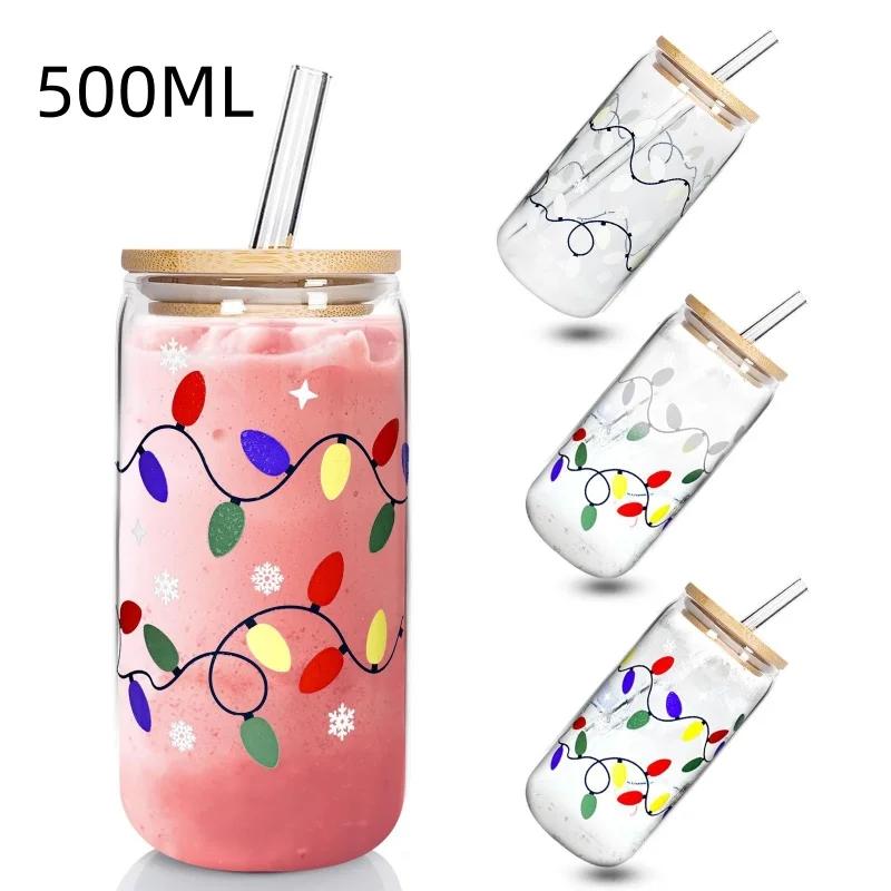 Color Changing Glass Cup 380-600ml Bamboo Leak Proof Cover And Straw Change Color When Exposed To Cold Christmas Party Gift