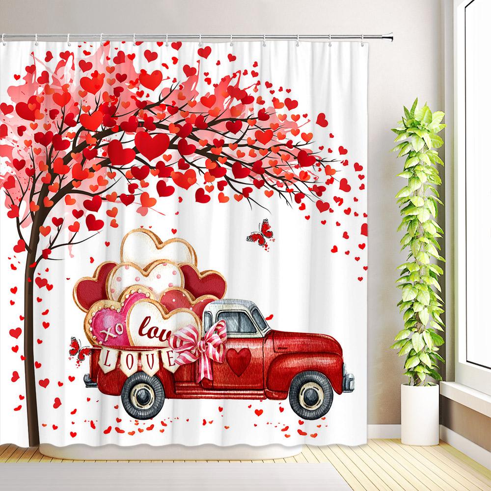 Valentine's Day Shower Curtain Romantic Rose Flower Bike Red Truck Love Hearts Tree Eiffel Tower Home Bathroom Decor With Hooks
