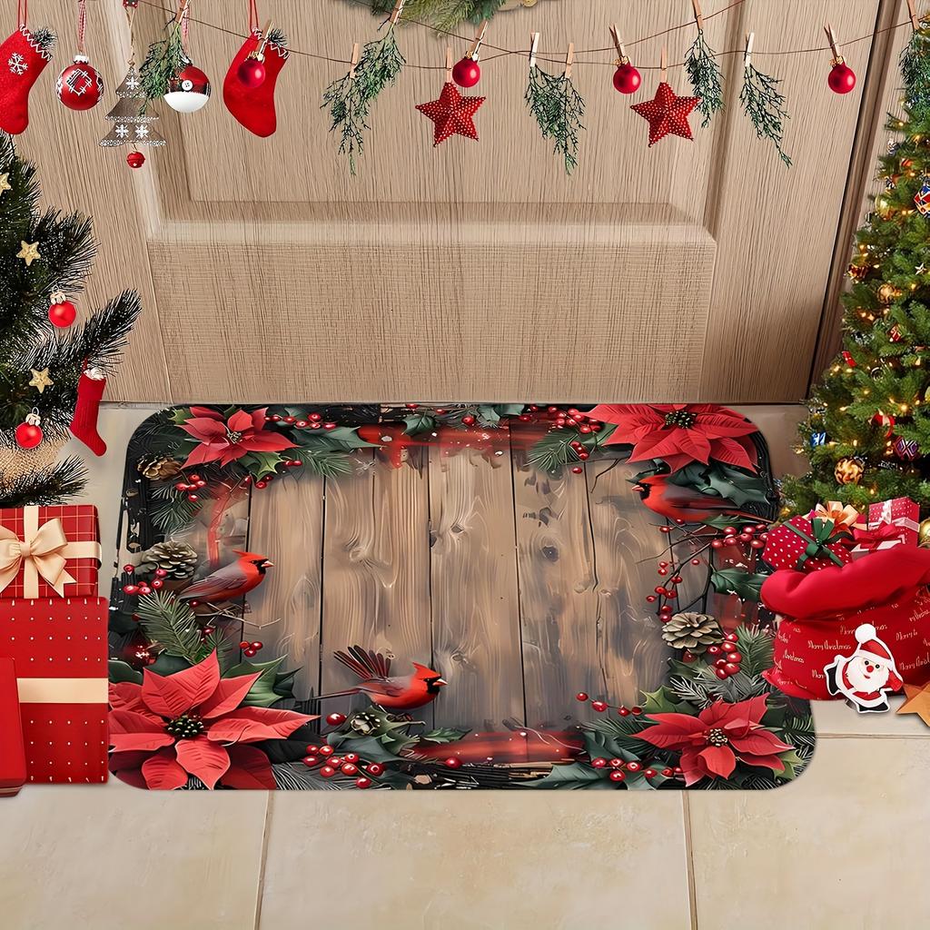 1pc Poinsettia & Red Cardinal Welcome Doormat, Machine‑Washable Floor Mat for Bathroom, Living Room, Bedroom, Kitchen, Office