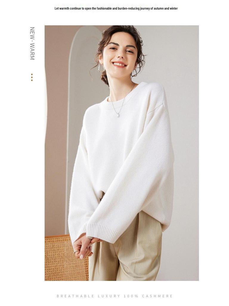 Women's Fashion Thickened Pure Cashmere Round Neck Sweater - Autumn/Winter Loose Fit Base Layer