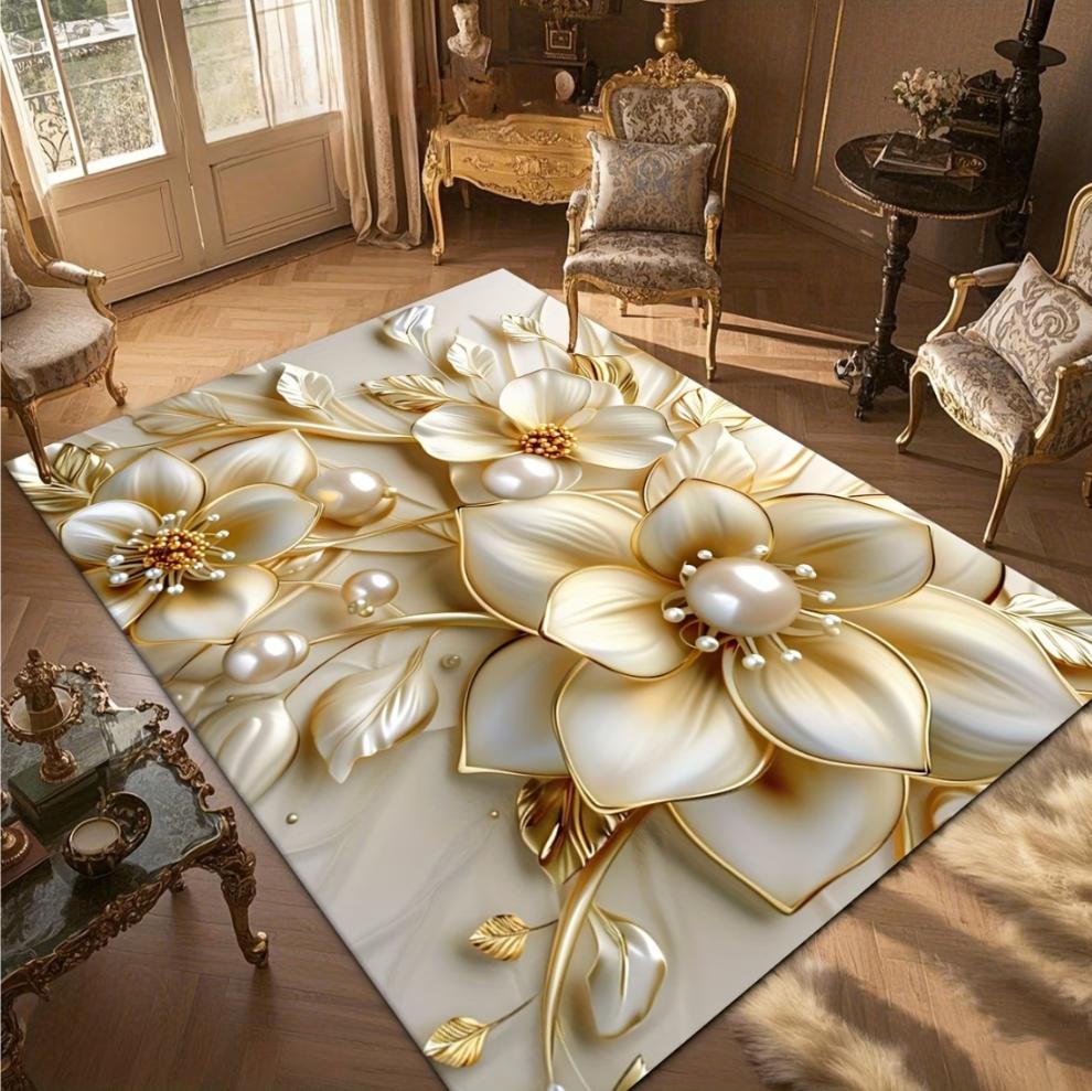 Area Rugs Floor Carpet Mat 2D Gold Floral Pearl Pattern Non Slip Soft Print Floor Mat for Living Room Bedroom Kitchen Home Decor