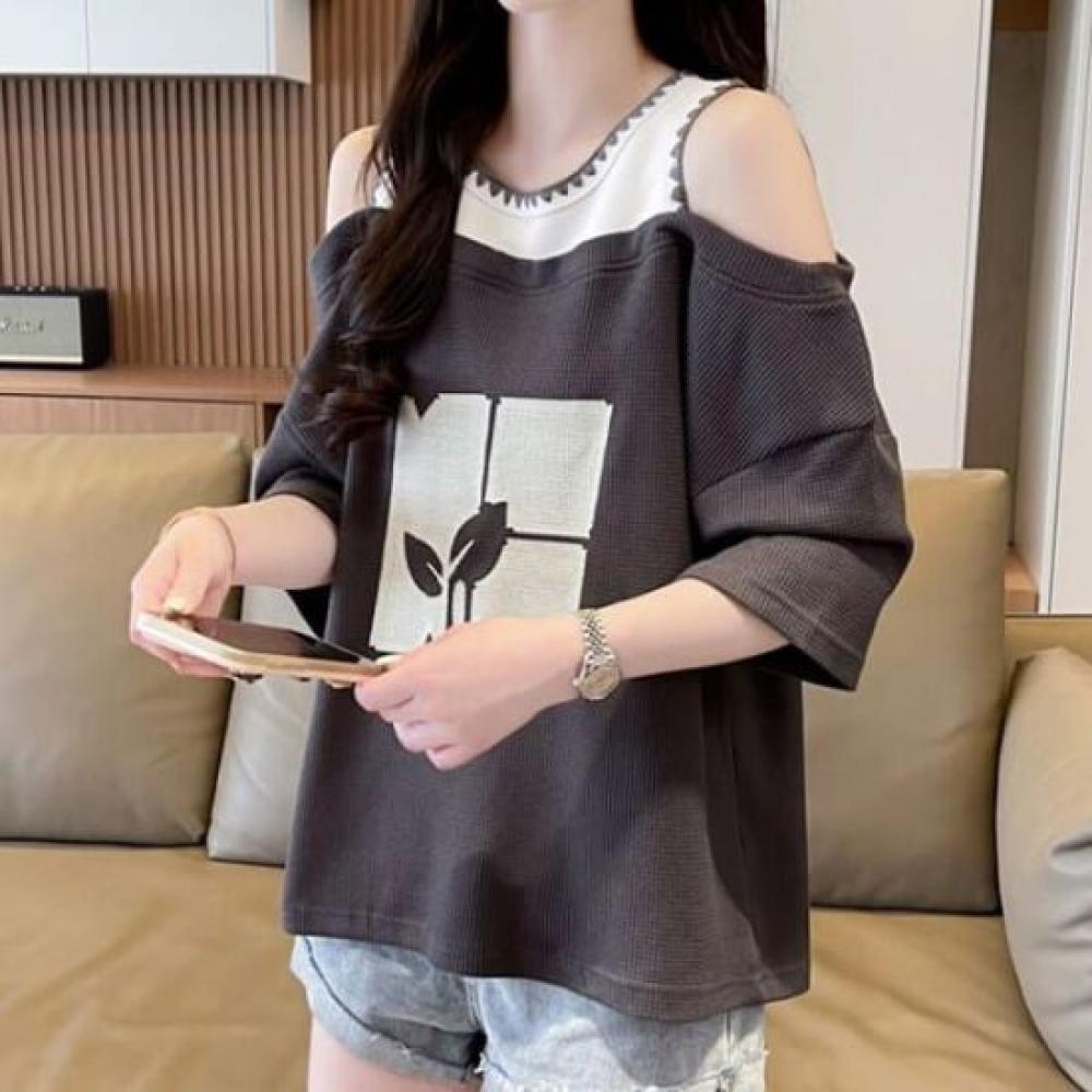 Navava Women PrinTing Color Off Shoulder ShorT Sleeve T shirT nT2569