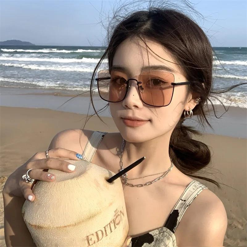 Oversize Square Half Frame Women Sunglasses Large Frame Sunglasses Thin Women Plain Concave Sunglasses
