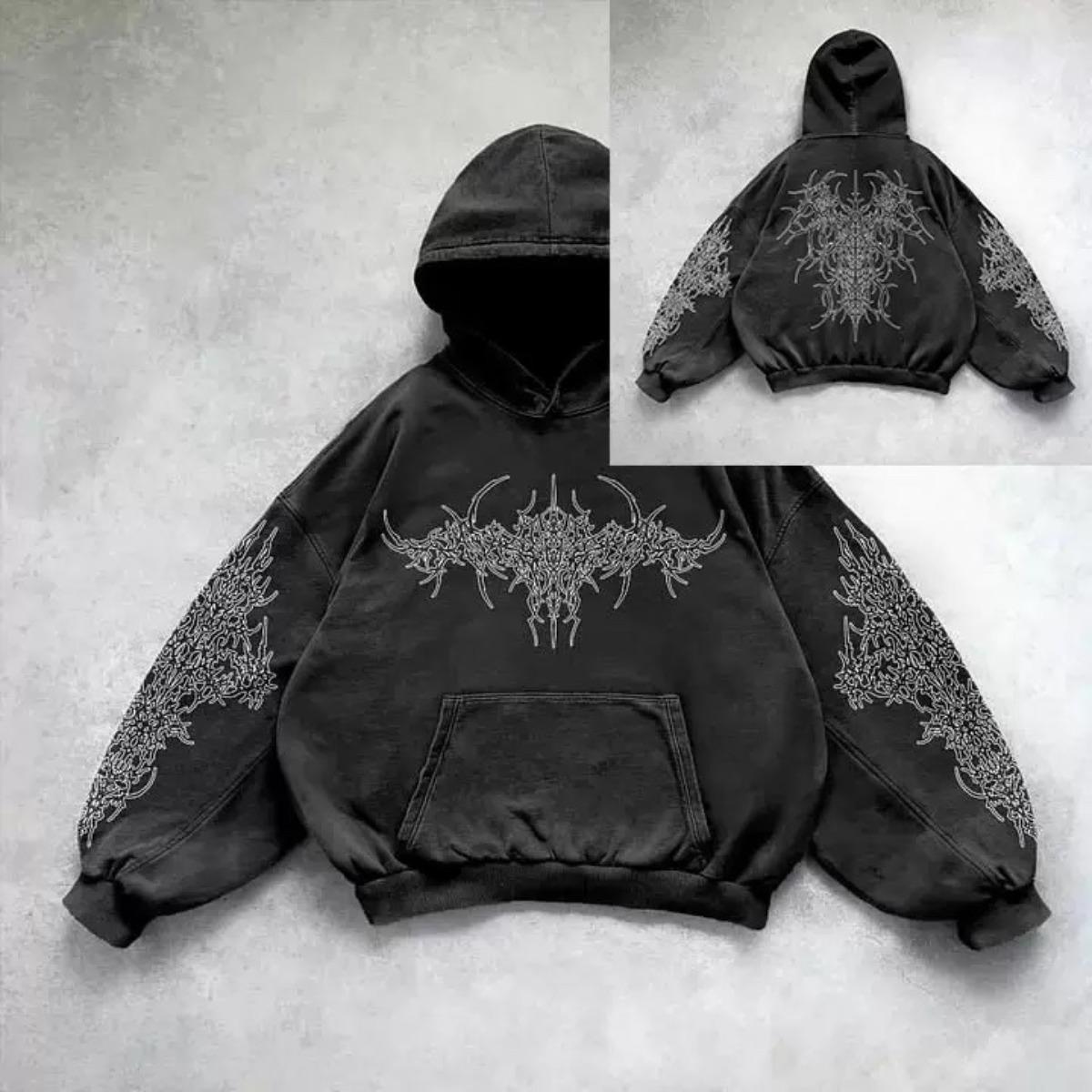 STREETRICH Harajuku Y2K Vintage Punk Einfarbig Bedruckt Herren Freizeit Kapuzenpullover American Gothic Mode Paar Freizeit Kapuzenpullover Sweatshirt L gray