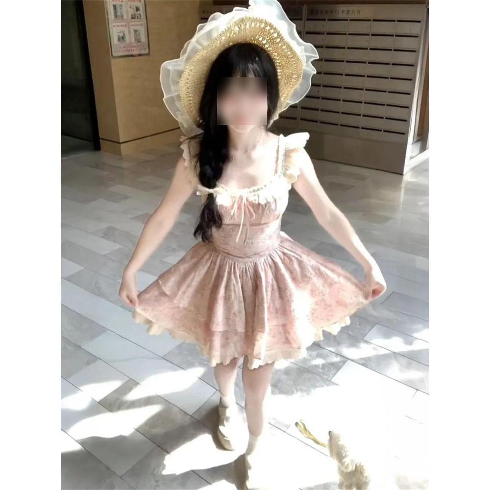 Sweet Spice Girl Blue Floral Suspender Dress Women's Summer Beauty Fluffy Short Skirt Small Flying Sleeves Waist Cake Skirt