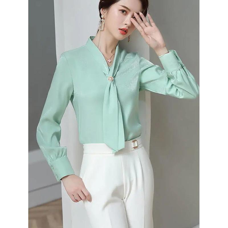 Bow Beading Elegant Chiffon Shirt Office Lady Fashion Casual All-match Blouse Commuter Basic Solid V-Neck Chic Women's Blouses