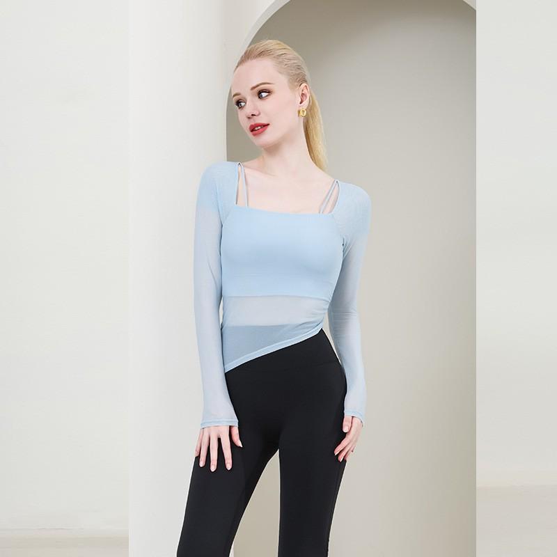 Womens Long Sleeve High-Elastic Quick-Dry Yoga Top With Built-in Mesh-Back Bra Support