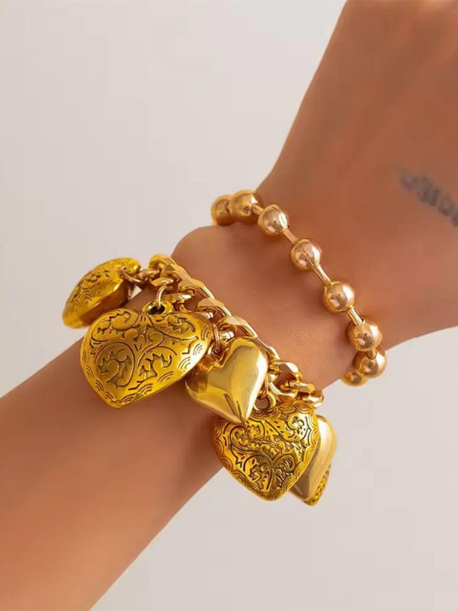 

Ingemark 2Pcs/Set Vintage Printed Heart Pendant Bracelet for Women on Hand 2026 Punk Thick Chain Bangles Grunge Jewelry Men Gift