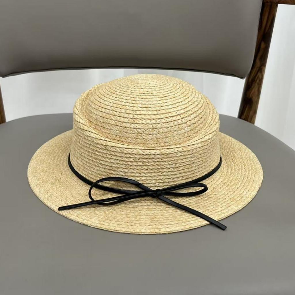 French bow concave top straw hat women's new straw hat summer flat brim beach seaside vacation sun hat