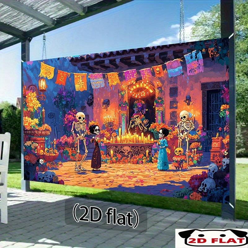 2D flat banner, 1 piece, Halloween theme scene - vibrant Mexican culture theme