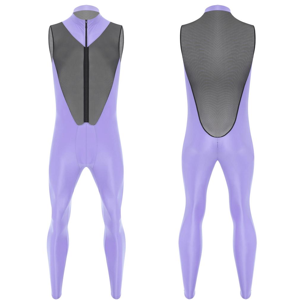 Mens Glossy Sheer Mesh Jumpsuit Front Zipper Sleeveless Design Zipper Crotch Long Leg Catsuit