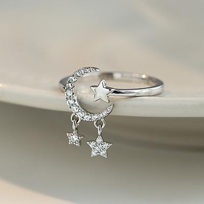 New Korean Star Moon Tassel Ring for Women, Silver Minimalist Leaf Feather Adjustable Finger Ring Jewelry