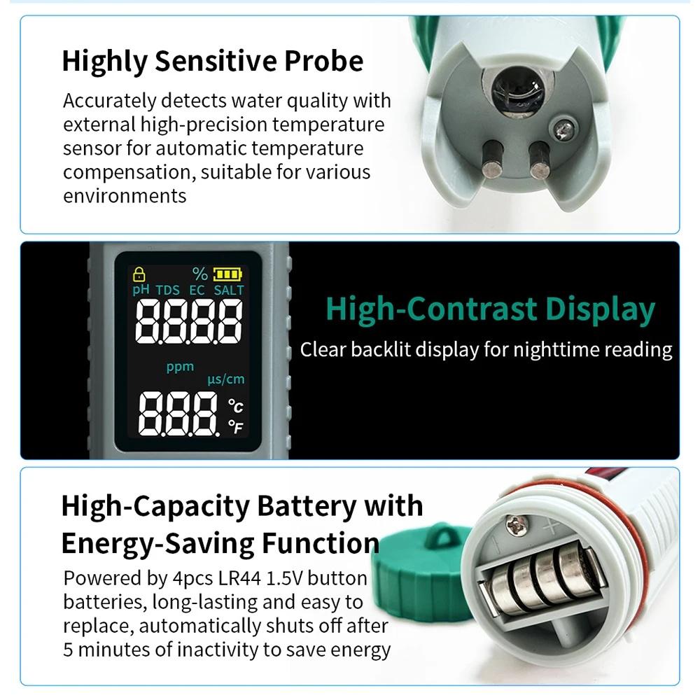 Digital PH Meter 5 In 1 PH/EC/TDS/SALT/TENP Meter Water Quality Tester for Swimming Pool 9999 PH Detector Digital Chlorine Meter