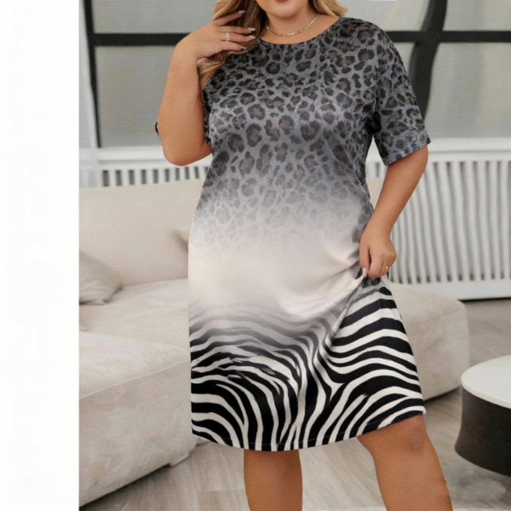 Summer Leopard Zebra Color Print Women Short Sleeve Sleepwear Dresses Loose Fit Tee Nightwear Home Clothes Nightie Loungewear