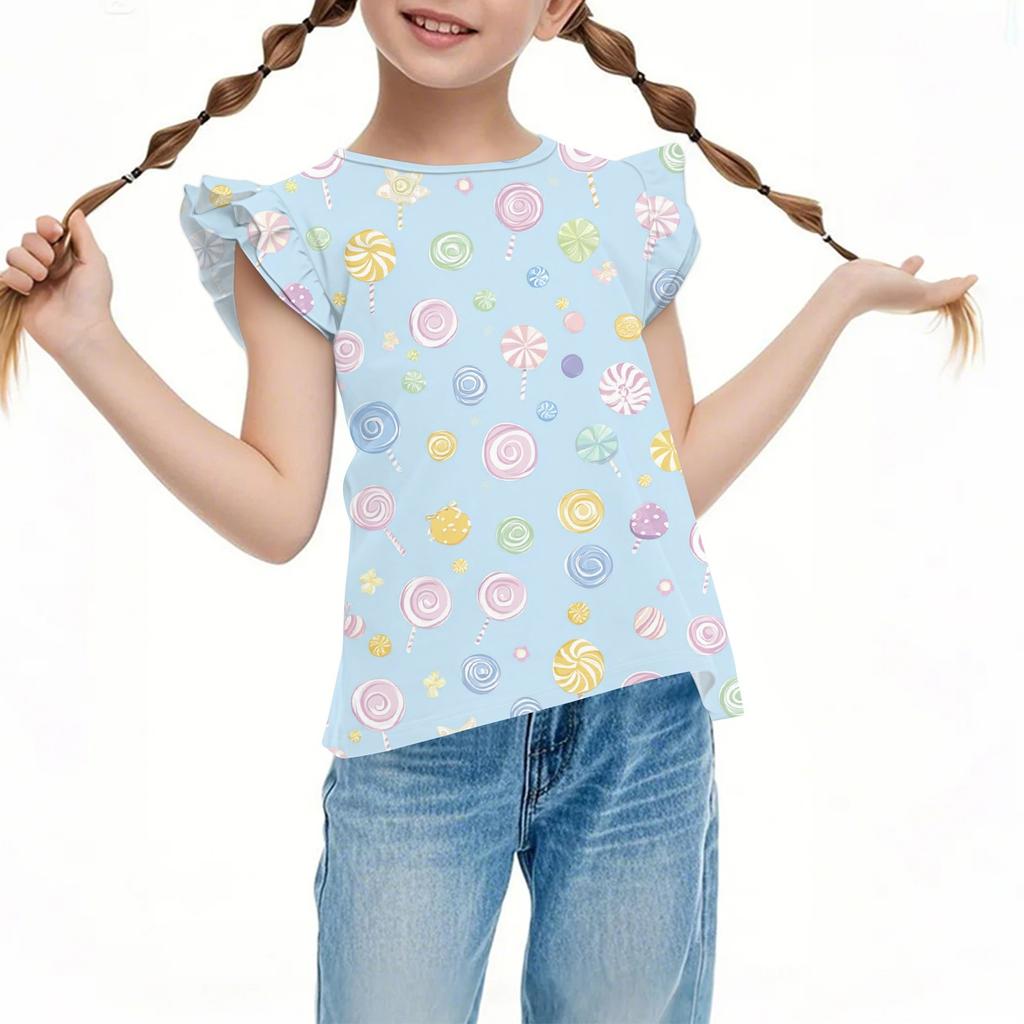 Children's Casual Short-Sleeved Pleated Cute Printed Round-Neck Solid-Color Top