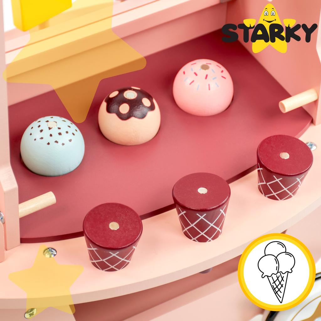 Wooden ice cream shop for children, toy, trolley on wheels, ice cream scoops, sticks