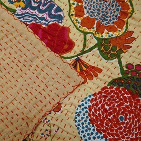 Aizza Trends Handmade Pure Cotton Printed Kantha Quilt  - Traditional Look Bed Spread Kantha Gudri - Vintage Hand Stitch Gudri