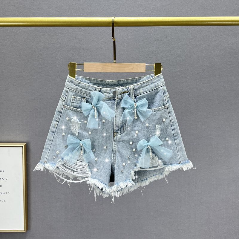 

Ripped Denim Shorts Female 2023 New Arrival Summer High Waist Slim Looking European Goods Beads Rhinestones A- line Wide-Leg Hot Pants Light Blue S