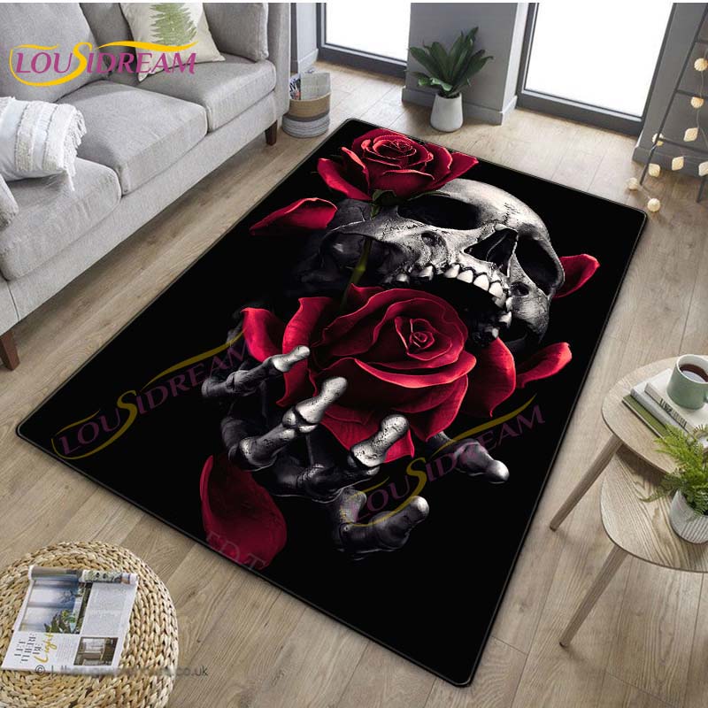 Koberec Lebka a růže Květinový koberec Lebka do obývacího pokoje Ložnice Herna Červená růže Koberec na podlaze Koberec Wicca Area Home Dekor