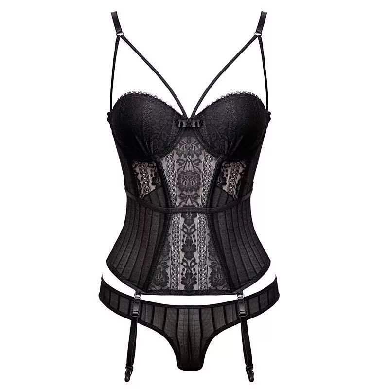 Passion Lace See-Through Bodysuit & Garter Set with Underwire Corset for Small Bust