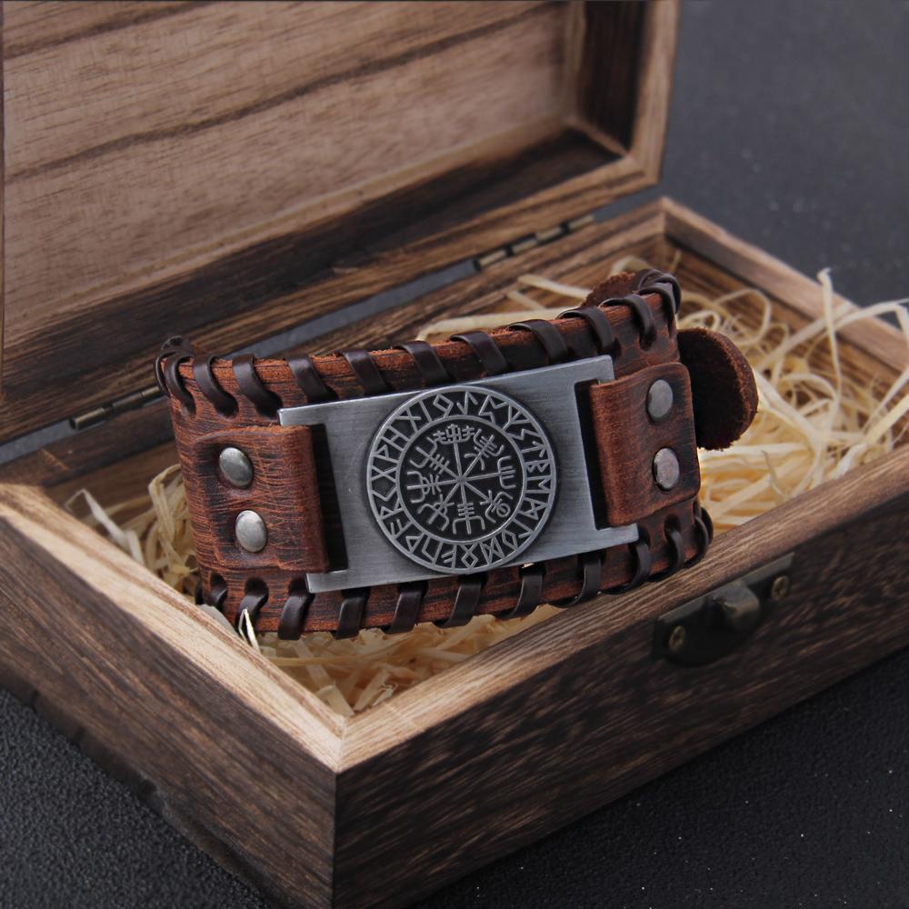 Charm Wide Leather Bracelet Men Punk Braided Rope Alloy Cuff Bangle Male Wristband Viking Bracelet Mens Jewelry with Wood Box