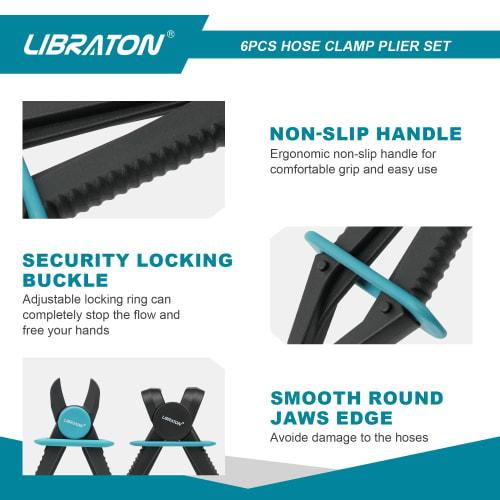 LIBRATON Hose Clamp Pliers, Set of 6, Line Hose Clamps, Hose Clips, Straight and 90 Hose Clamps for Brake Hoses, Fuel Hoses, Silicone Hoses, Radiator