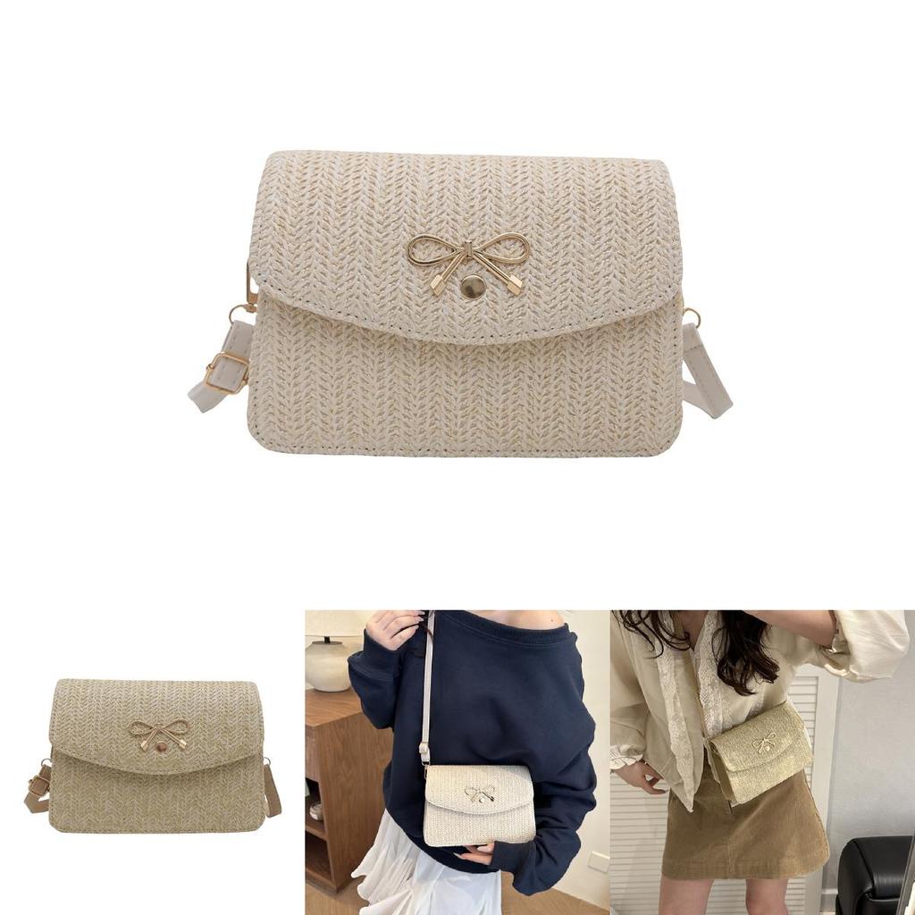 Simple Gold Bow Decoration Woven Texture Women Casual Shoulder Bag For Casual Outings
