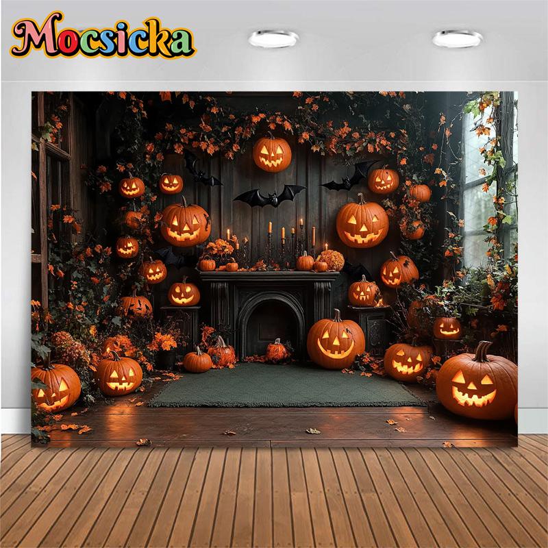 Mocsicka Halloween Backgrounds For Photography Terrible Pumpkin Party Backdrop Bat Flower Jack-O-Lantern Home Decorations Banner