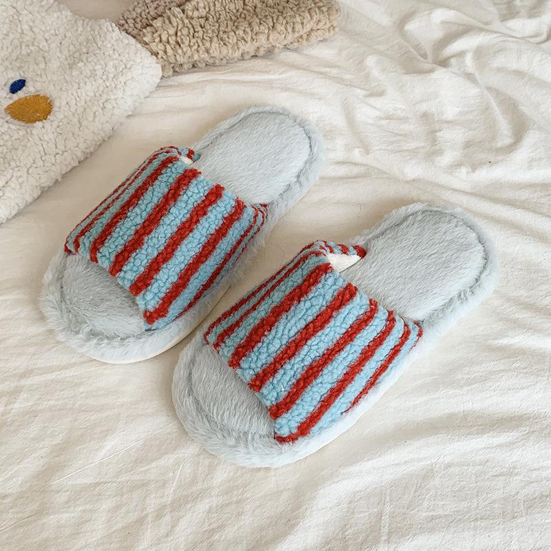 Fashion Cute Striped Bow Fluffy Slippers Women's New Autumn and Winter 2025 Outer Wear One-word Cotton Slippers