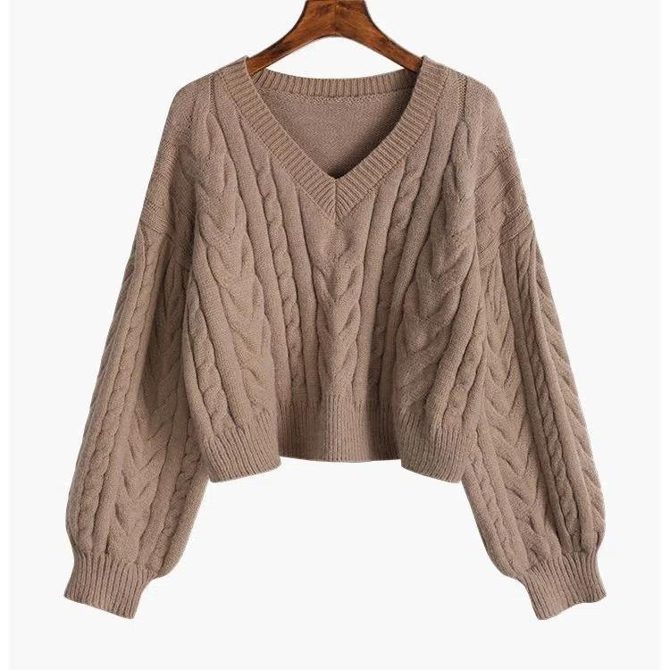 V-neck Twist Sweater Women's Short Casual Jumper Autumn and Winter Warm Pullover OuterWear Loose Sweaters Korean Lazy Style Top