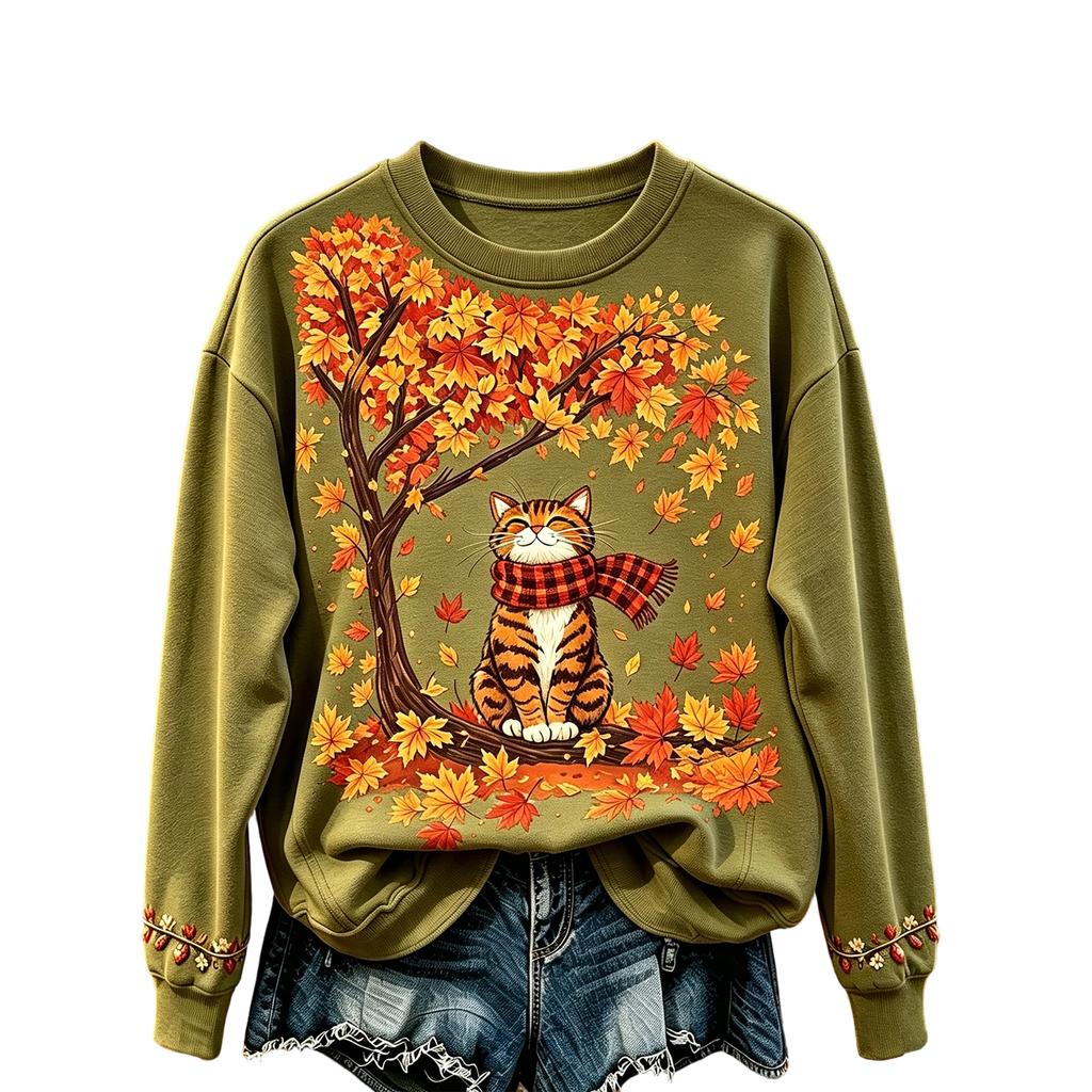 Dame Mode Langærmet Rundhalset Pullover Sweatshirt med Bladprint Afslappet Top