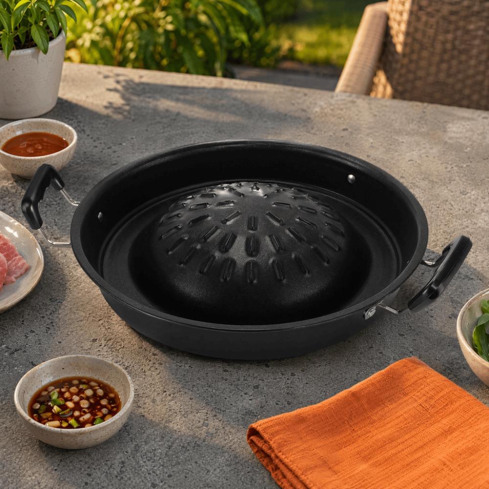 Round Hot Pot Grill Pan Black Grill Pan with Side Durable Round Thai Style BBQ for Open Flame