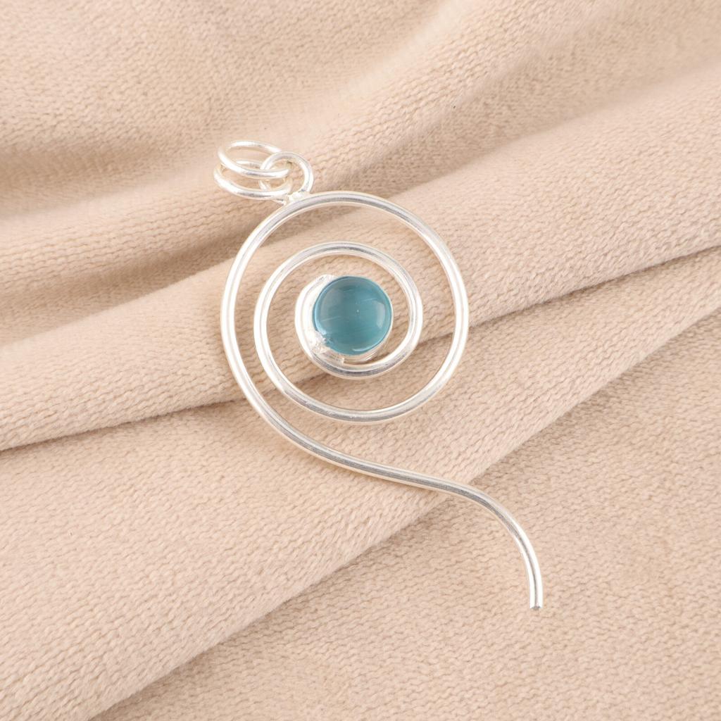 Blue Cat's Eye Gemstone 925 Sterling Silver Jewelry Handmade Blue Stone Pendant PP-42-47