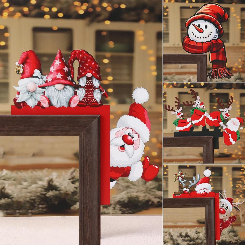 Wooden Christmas Corner Door Frame Decoration Cartoon Santa Claus Elk Xmas Penguin Pendant Merry Christma Decor For Door Frame