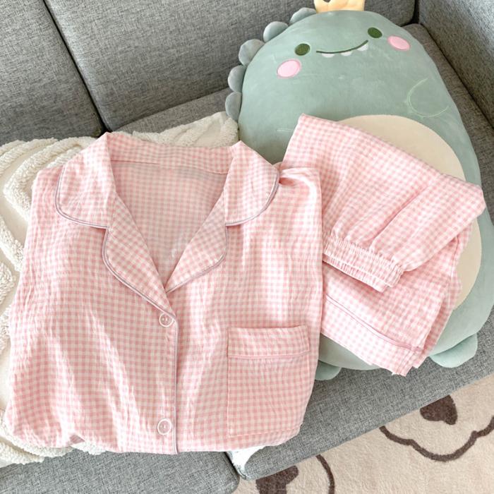 Summer Women Short Sleeve Top and Shorts 2 Piece Set Pajamas Female Thin Cotton Fashion Sleepwear Pink Plaid Cardigan Pyamas Set