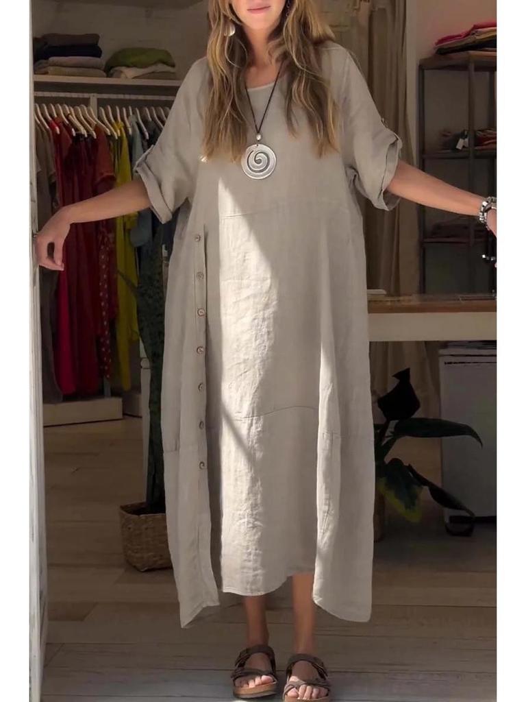 Vestido de Verano de Algodón y Lino para Mujer Europeo y Americano - Holgado, Color Sólido, Manga Corta Estilo Casual