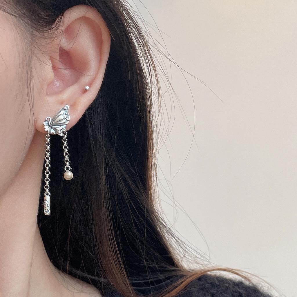 Retro butterfly fringed earrings on the shelves Women's light luxury high-end personality New Chinese style trendy niche temperament