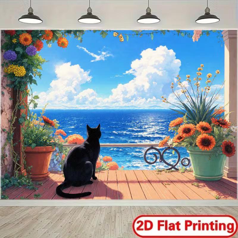 

2D Cute Black Cat & Blue Sea Backdrop for Birthday & Room Decor 47.2x31.5inch/120*80cm
