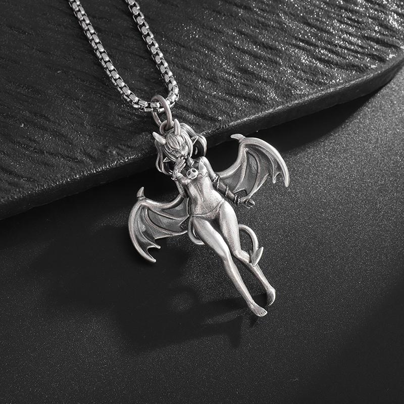 Gothic Punk Sexy Devil Bat Girl Goddess Pendant Necklace for Men and Women Hip Hop Trendy Halloween Cosplay Party Jewelry