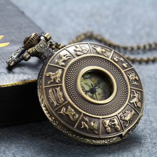Lancardo Antique Pocket Watch, Battery-Operated, Skeleton, Quartz Movement, Men's & Women's, 12 Zodiac Signs, Roman Numerals, Map, Bronze Necklace