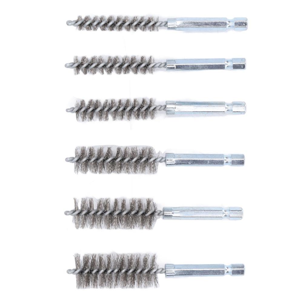 6pcs 1/4 Inch Hex Shank Stainless Steel Bore Brush Set 8/10/12/15/17/19mm Stainless Steel Bristles Wire Brush for Drill
