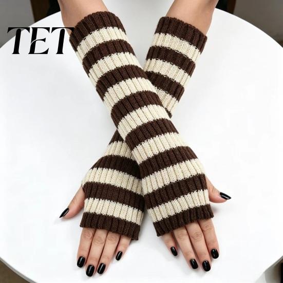 Stylish Half Finger Gloves Striped Knitted Arm Warmers for Women, Fingerless Sleeves, Soft Winter Daily Commuting Gear Thermal Wrist Autumn