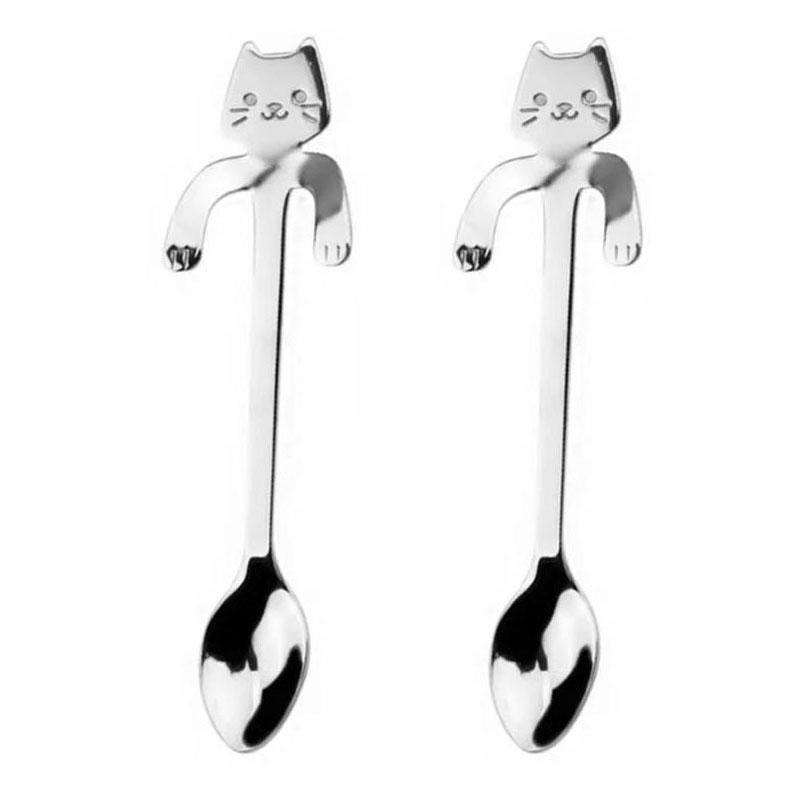 

2pcs Cup-hanging Design Teaspoon 304 Stainless Steel Spoon Cake Stirring Sugar Soup Dessert Creative Cat Shaped Coffee Spoon Set